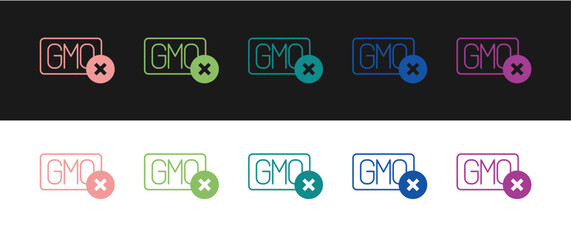 Set No GMO icon isolated on black and white background. Genetically modified organism acronym. Dna food modification. Vector