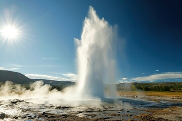 Great geysir erupting by water and steam