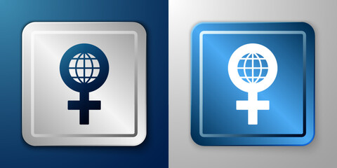 White 8 March icon isolated on blue and grey background. International Happy Women Day. Silver and blue square button. Vector