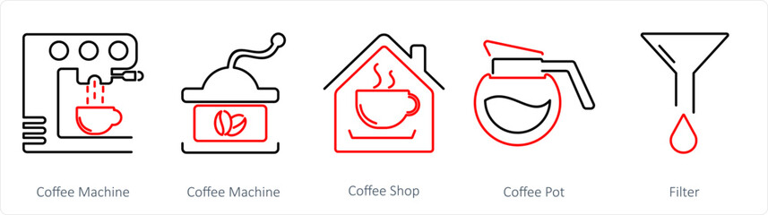A set of 5 Coffee icons as coffee machine, coffee shop, coffee pot