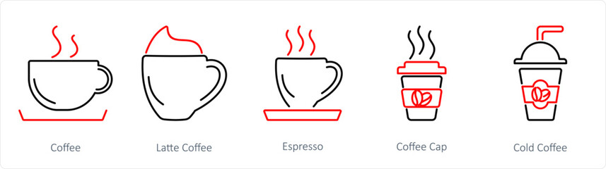 A set of 5 Coffee icons as coffee, latte coffee, espresso