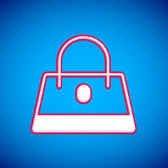 White Handbag icon isolated on blue background. Female handbag sign. Glamour casual baggage symbol. Vector