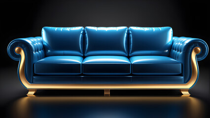 blue leather sofa. 3d luxury yellow couch. isolated on a black background. With black copy space