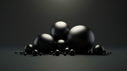 3D black spheres of different sizes and transparency. Dark colour palette. Abstract background....