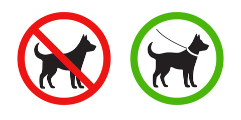 Red prohibition sign with a dog and a green round sign with a dog in a collar on a leash. Illustration on transparent background
