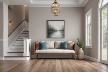 foyer and entryway in new home with hardwood floors, couch, lamp