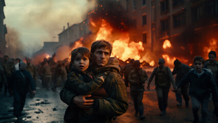 Fototapeta na wymiar A Man Holding A little Girl As The War Takes Place Background 