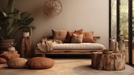 Earthy tones with natural materials for a grounding space.