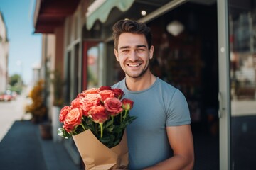 A happy worker man holds flowers in his hands on the background of a shop window