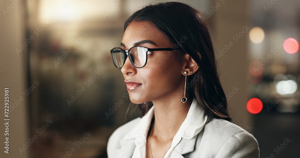 Poster internet, overtime and woman in office with glasses, reflection of computer with planning and thinki