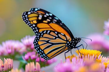 Fototapeta na wymiar Orange monarch butterfly on the flower on blurred background