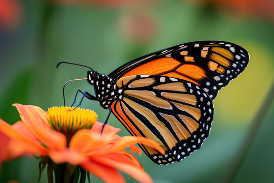 Orange monarch butterfly on the flower on blurred background