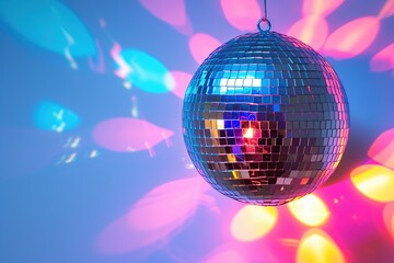 Fototapeta premium Colorful disco ball party on blurred lights background