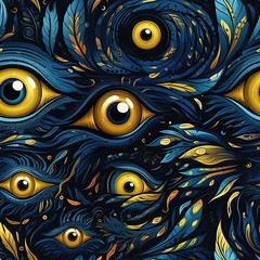 seamless pattern with yellow looking eyes on dark blue background