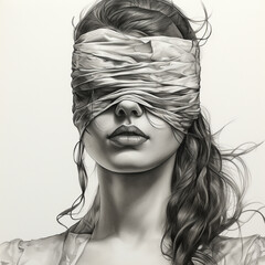 Drawing of a woman blindfolded surrealist art 