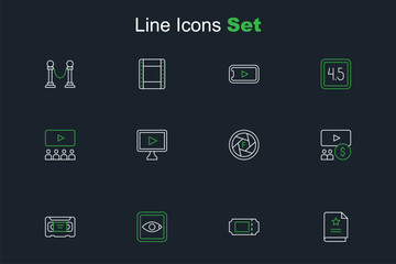 Set line Scenario, Cinema ticket, Rating movie, VHS video cassette tape, auditorium with screen, Camera shutter, Online play and icon. Vector