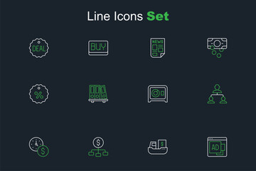 Set line Advertising, Cargo ship with boxes delivery, Hierarchy dollar, Time money, Employee hierarchy, Safe, Office folders and Discount percent tag icon. Vector