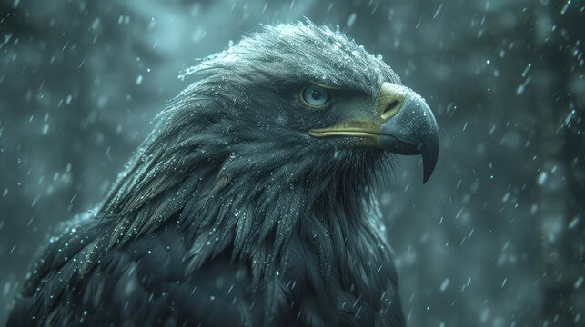 Majestic Rain-soaked Eaglet with Vivid Blue Eyes