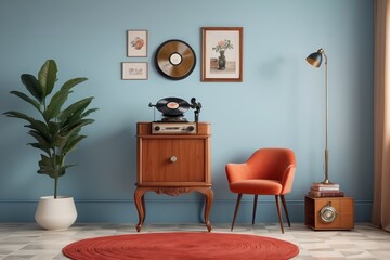 Vintage interior of retro orange armchair, vintage wooden light blue sideboard