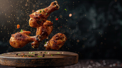 flying grilled chicken drumsticks restaurant menu background  - obrazy, fototapety, plakaty