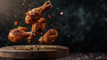 Keuken spatwand met foto flying grilled chicken drumsticks restaurant menu background  © Clemency