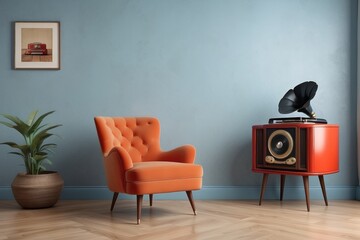 Vintage interior of retro orange armchair, vintage wooden light blue sideboard