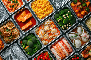 a group of various tin trays with different types of food in them