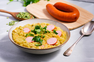 Traditional Dutch pea soup or 'erwtensoep' or 'snert' in Dutch.