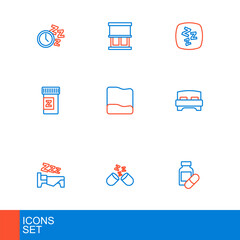 Set line Sleeping pill, Time to sleep, Big bed, Pillow, Sleepy and Window with curtains icon. Vector