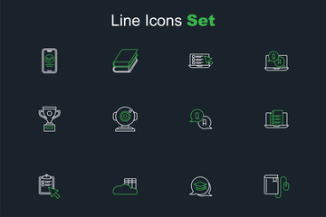 Set line Electronic book with mouse, Graduation cap in speech bubble, Cloud or online library, Online quiz, test, survey, Question and Answer, Web camera and Award cup icon. Vector