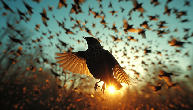 Migration of birds against sunset sky. World Migratory Bird Day