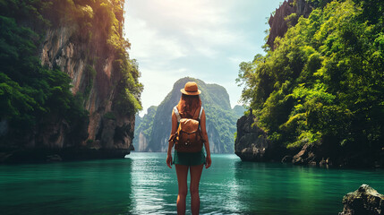 Woman traveler in a hat with a backpack on a background of emerald sea.