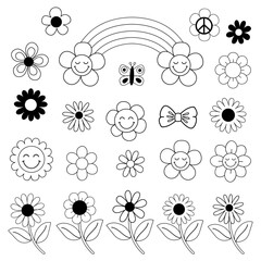 set of isolated outline retro groovy flowers, rainbow, butterfly
