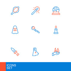 Set line Hand holding fire, Rabbit with ears, Dagger, Burning candle, Ghost, Magic staff, ball and wand icon. Vector