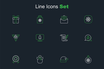 Set line Christmas ball, Santa Claus hat, snowman, wreath, Envelope, tree and Branch viburnum icon. Vector