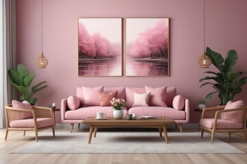 Pink sofa with patterned pillows and wooden coffee table with armchair and painting in the background in a modern living room