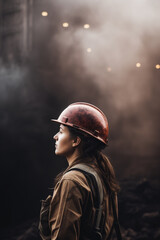 Miner woman professional mining worker working in the mine. Excavation operation with work clothes and hard safety helmet.