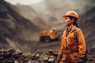Fototapeta premium Miner woman professional mining worker working in the mine. Excavation operation with work clothes and hard safety helmet.