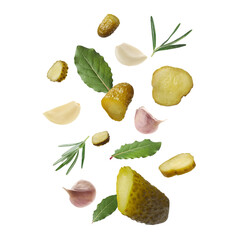 Tasty pickled cucumbers, garlic, rosemary and bay leaves falling on white background