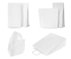 Different paper and plastic bags isolated on white, collection