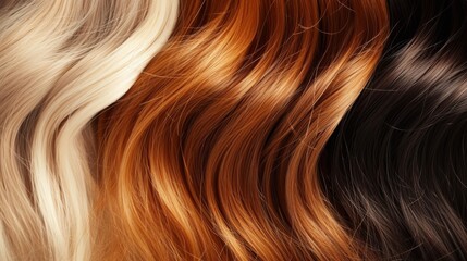 Closeup hair. Different types and colors of hair. Blonde, brunette, red, black, auburn colors.