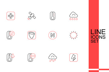 Set line Lightning bolt, Hail cloud, Thermometer, Sun, Compass north, Tornado and icon. Vector