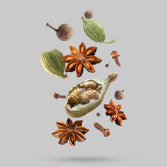 Different spices falling on light grey background