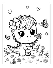 Cartoon Coloring page for Kids Cute Little Dinosaur among flowers and Butterflies