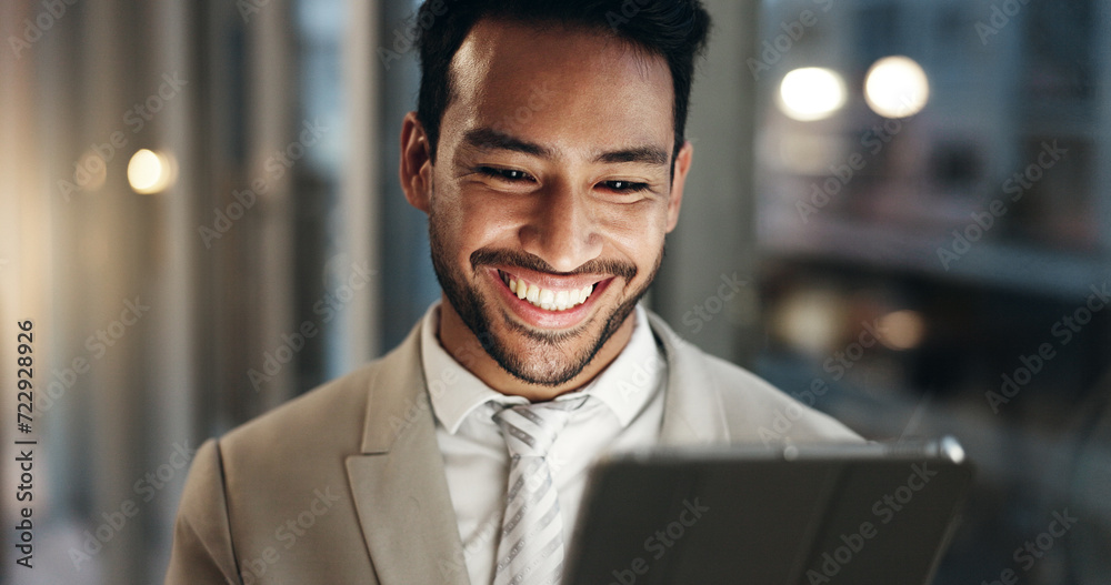Aufkleber office tablet, face and happy man reading, scroll or smile for company growth data, startup revenue 