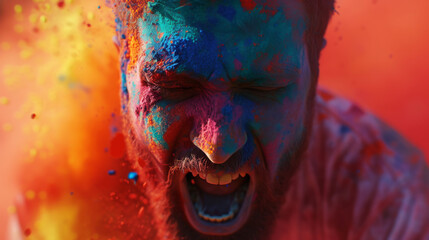 A young man with a screaming face playing Holi festival with colours	