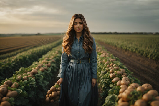 Concept photo of a beautiful girl in a potato field