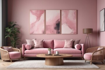 Pink sofa with patterned pillows and wooden coffee table with armchair and painting in the background in a modern living room