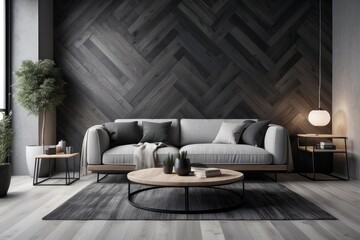 Monochrome living room with wood and grey tiling accents