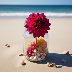 A Captivating Dahlia Jar Amidst Beach Serenity AI GENERATED